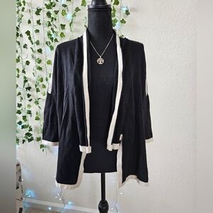 Chico's Black and White Stripe Cotton Blend 3/4 Sleeve Open Cardigan Sweater